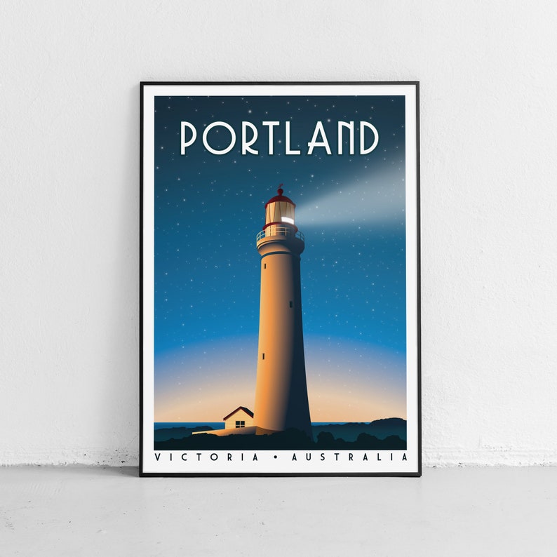 May include: A vintage travel poster featuring a white lighthouse with a red roof against a blue starry night sky. The text "PORTLAND" is in a bold, art deco font at the top of the poster. The text "VICTORIA - AUSTRALIA" is at the bottom of the poster.