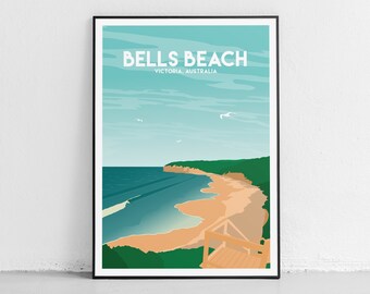 May include: A retro-style poster with a blue and green illustration of Bells Beach in Victoria, Australia. The poster features a sandy beach, blue ocean, and a wooden walkway.