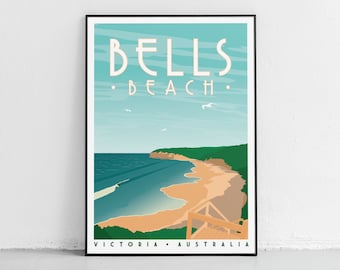 May include: A vintage-style travel poster featuring a scenic view of Bells Beach in Victoria, Australia. The poster has a blue sky with white clouds, a turquoise ocean, a sandy beach, and green cliffs. The text "BELLS BEACH" is in a retro font, with "VICTORIA AUSTRALIA" below.