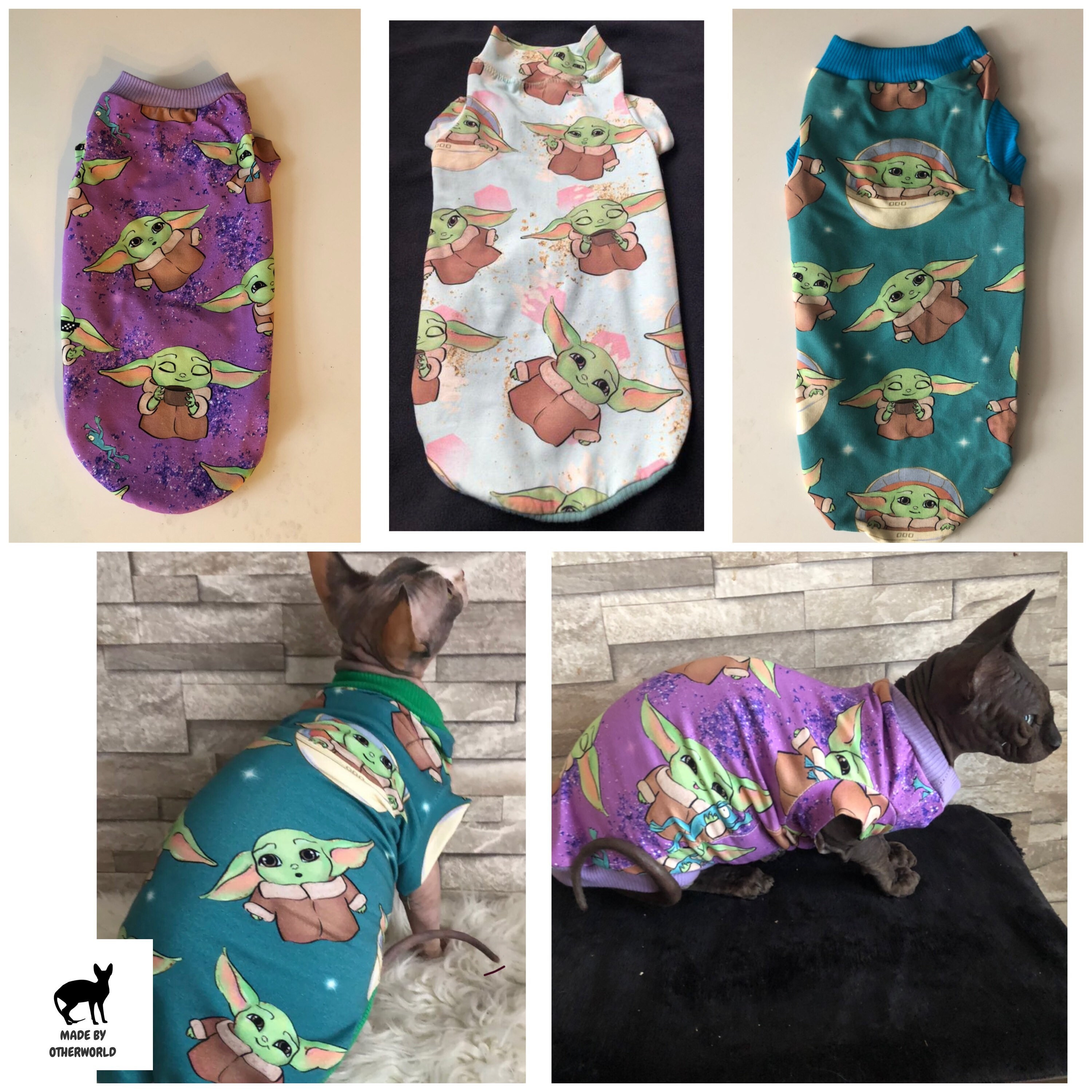 Handmade top/ jumper for Sphynx cats and Other cats . Baby Yoda Print…