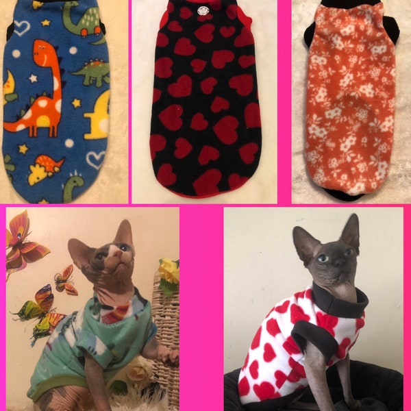 3) Warm handmade clothes for Sphynx cats and other cats.Fleece fabric clothes for cats. Winter outfit for pets