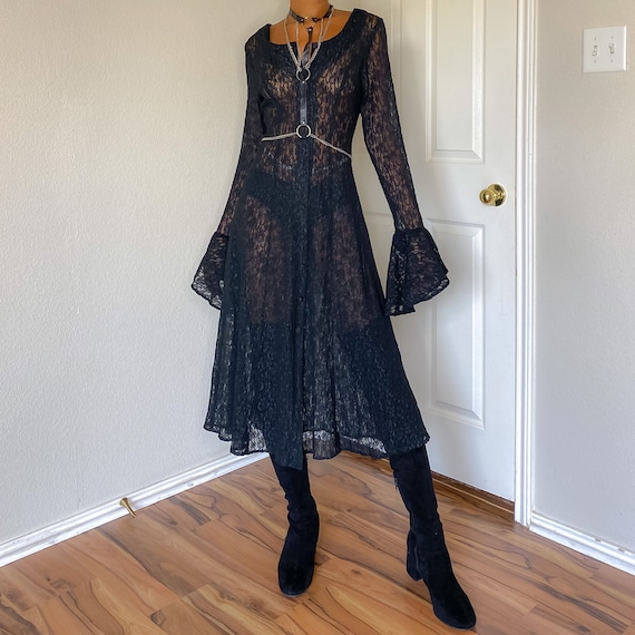 Upcycled Vintage 90s Black Sheer Lace Button-Up Be