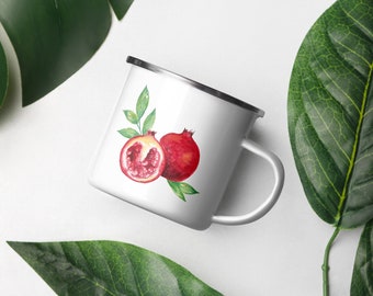 Pomegranate Enamel Mug, Camping Mug, Illustrated Mug, Fruit Watercolor Illustration, Gifts for Hiker, Hike Mug, Metal Mug, Hike Drinkingware