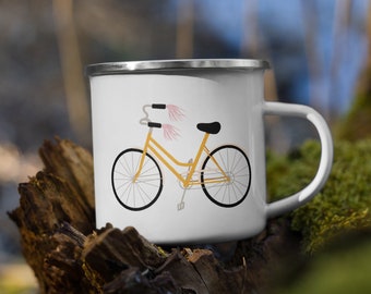 Yellow Bike Enamel Mug, Camping Mug, Illustrated Mug, Floral Mug, Gifts for Biker, Hike Mug, Metal Mug, Camping Drinkingware