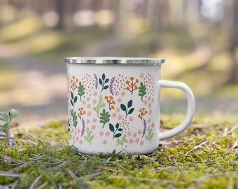 Colorful Flowers Enamel Mug, Camping Mug, Illustrated Mug, Floral Mug, Gifts for Hiker, Hike Mug, Metal Mug, Vanlife Drinkingware