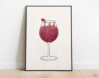 Wine, the Cat, Glicée Art Print, Cat Illustrated Art Print, Wine Watercolor, Wine Wall Art, Illustration Print, Cat Poster, Wine Wall Decor