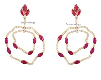 Pave Diamond Ruby Emerald 925 Sterling Silver Dangle Earrings