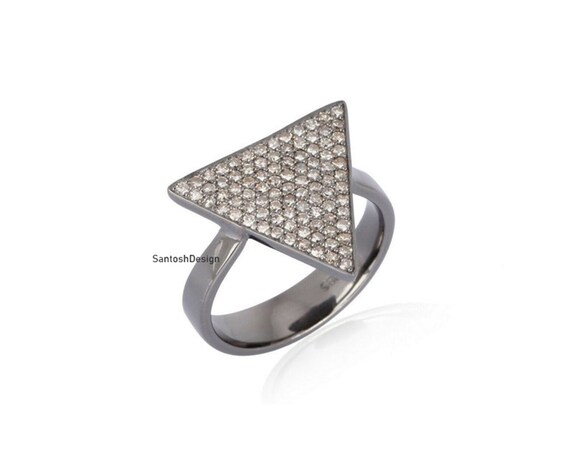 925 Sterling Silver Triangle Pave Diamond Ring, Handmade Jewelry