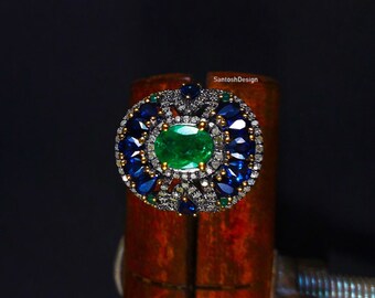 Victorian Sterling Silver Emerald Sapphire Diamond Ring