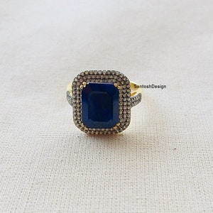 925 Sterling Silver Blue Sapphire Pave Diamond Ring,Beautiful Silver Blue Sapphire Pave Diamond Ring,handmade Ring jewelry