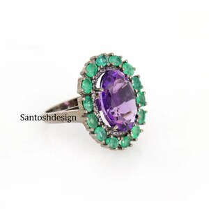 925 Sterling Silver Emerald Amethyst Pave Diamond Vintage Ring,Beautiful Silver Gemstone Diamond Victorian Handmade Ring Jewelry,Gift