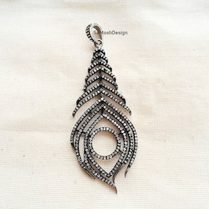 925 Sterling Silver Peacock feather pave Diamond Charm Pendant,Beautiful Oxidized Silver Diamond Peacock Feather Pendant,Handmade Jewelry
