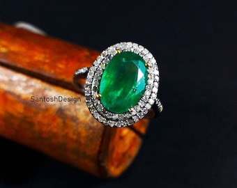 Sterling Silver Emerald Diamond Ring, Vintage Pave Engagement Ring