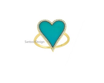 925 Sterling Silver Heart Shape Pave Diamond Turquoise Enamel Ring,Beautiful Silver Turquoise Enamel Ring,Handmade Ring Jewelry