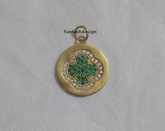 14k Solid Gold Clover Pendant, Diamond Emerald Charm, Handmade Jewelry