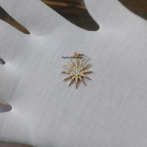 Silver & 14k Solid Gold Starburst Diamond Charm Pendant,Beautiful Sterburst Diamond 14k Solid Gold Charm Handmade Pendant Jewelry,Gift