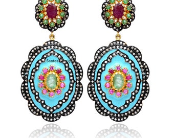 Handmade Sterling Silver Enamel Ruby Diamond Dangle Earrings