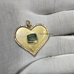 14k Solid Gold Heart Emerald Diamond Charm Pendant,Beautiful Heart Diamond 14k Gold Pendant For nacklace,Handmade Pendant Jewelry