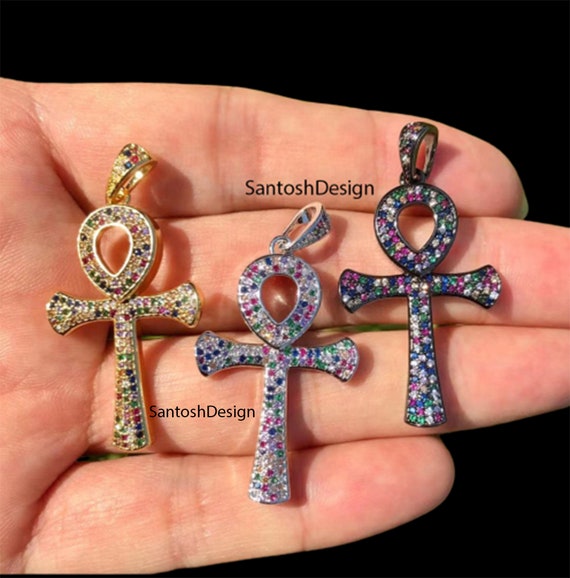 Designer ANKH Cross Multi Sapphire CZ Diamond 925 Sterling Silver