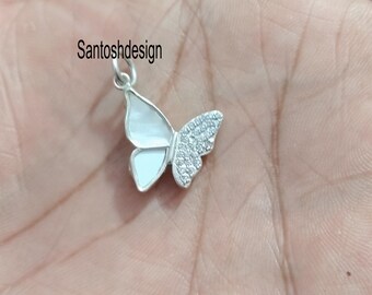 Mother Of pearl Diamond Butterfly 925 Sterling Silver Charm Pendant,Handmade Jewelry,Gift