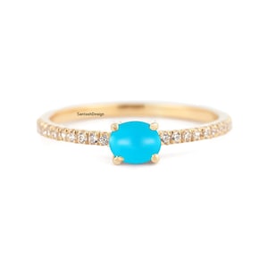 14k Solid Gold Diamond Horizontal Turquoise Charm Ring,Beautiful Horizontal Turquoise Diamond 14k Solid Gold Ring,Handmade Ring Jewelry,Gift
