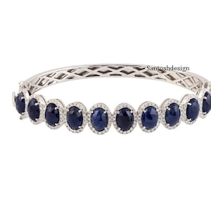 Designer Blue Sapphire Pave Diamond 925 Sterling Silver Bangle Bracelet,Beautiful Silver Diamond BlueSapphire Handmade Bracelet Jewelry,Gift