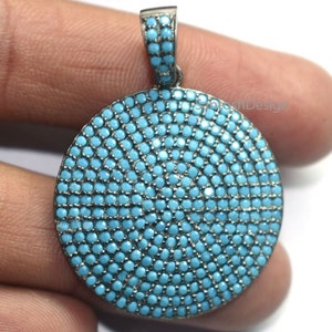 925 Sterling Silver Round Shape Turquoise Pendant,Beautiful Silver Diamond Turquoise Pendant,Handmade Pendant Jewelry