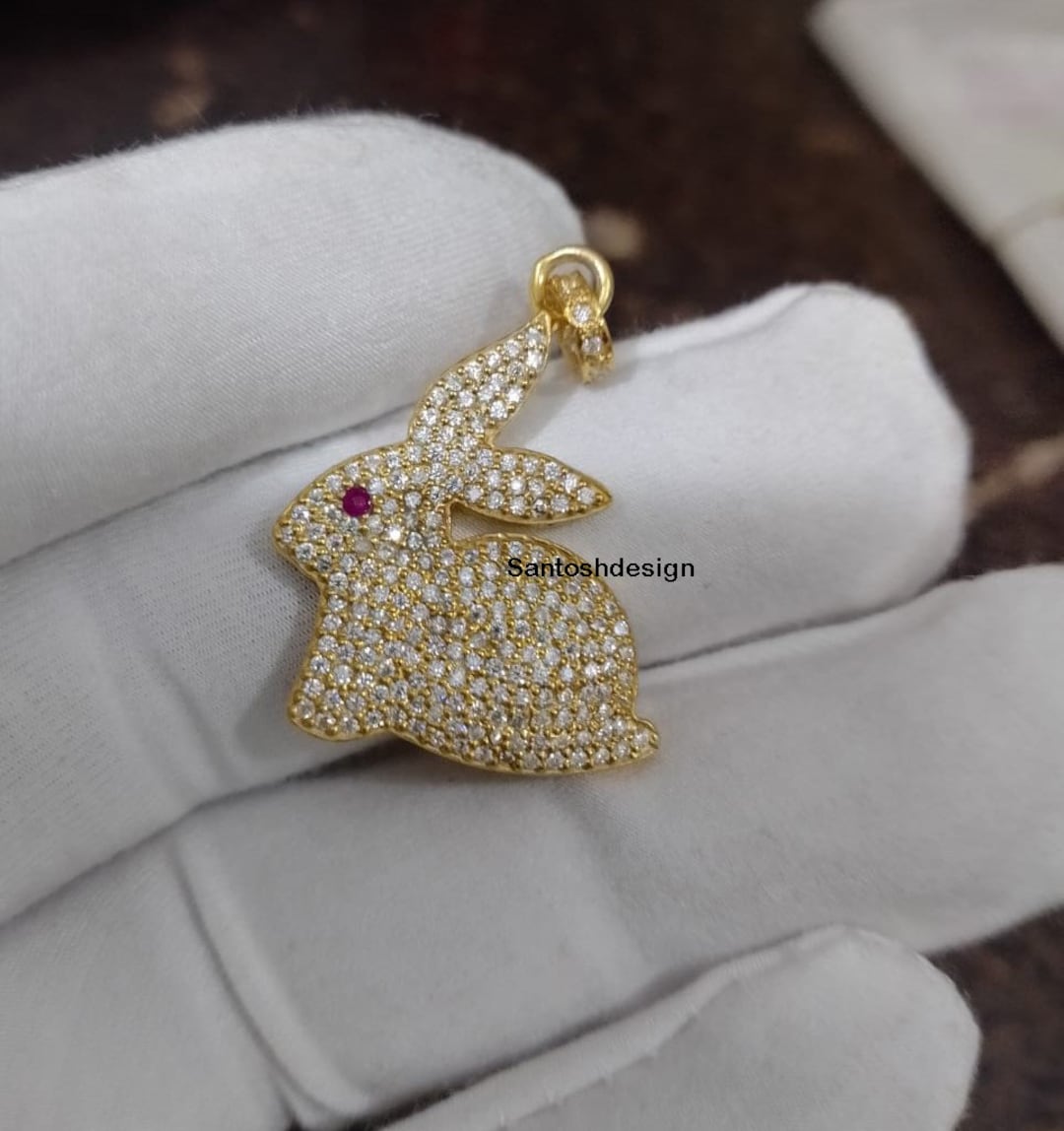 14k Solid Gold Bunny Diamond Ruby Charm Pendant,beautiful Bunny Diamond ...