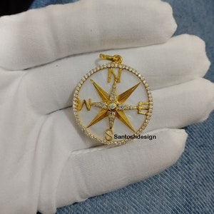 Beautiful Compass Mother Of Pearl Diamond Silver Charm Pendant,Designer Compass Silver Diamond Charm Pendant,Handmade Pendant Jewelry,Gift