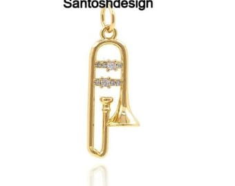 14k/18k Solid Gold Trombone Diamond Charm Pendant,Handmade Jewelry,Gift