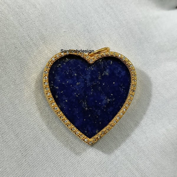 Beautiful Heart Lapis Lazuli Diamond 925 Sterling Silver Charm Pendant,Designer Heart Silver Diamond Charm,Handmade Pendant Jewelry,Gift