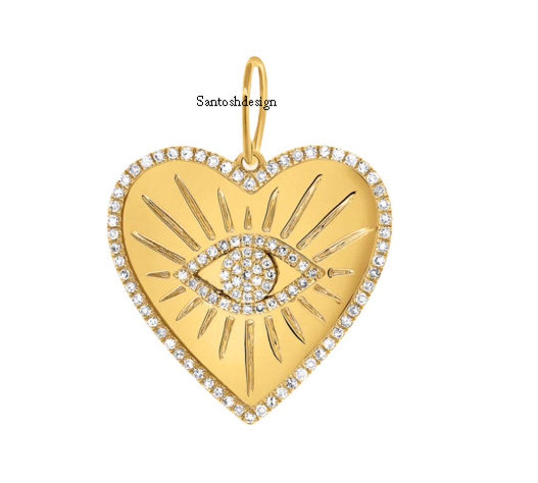 14k Solid Gold Heart Evil Eye Diamond Charm Pendant,beautiful Heart