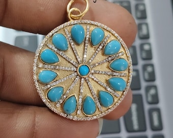 Disc Turquiose Diamond 925 Sterling Silver Charm Pendant,Gift