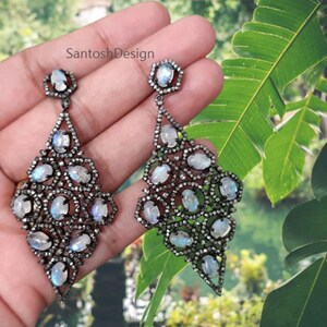 Designer 925 Sterling Silver Pave Diamond  Rainbow Moonstone Dangle Earring,Beautiful SilverDiamond Drop&Dangle Earring,Handmade Jewelry
