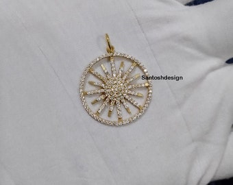 14k Solid Gold Sunburst Diamond Pendant, Handmade Charm Jewelry (27x22 MM)