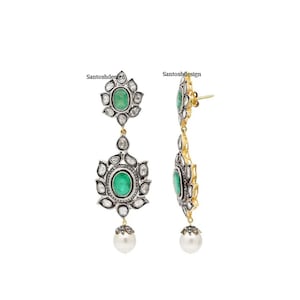 Beautiful Polki Diamond Emerald Pearl 925 Sterling Silver Earring,Designer Silver Emerald Polki Diamond Vintage Handmade Earring JewelryGift