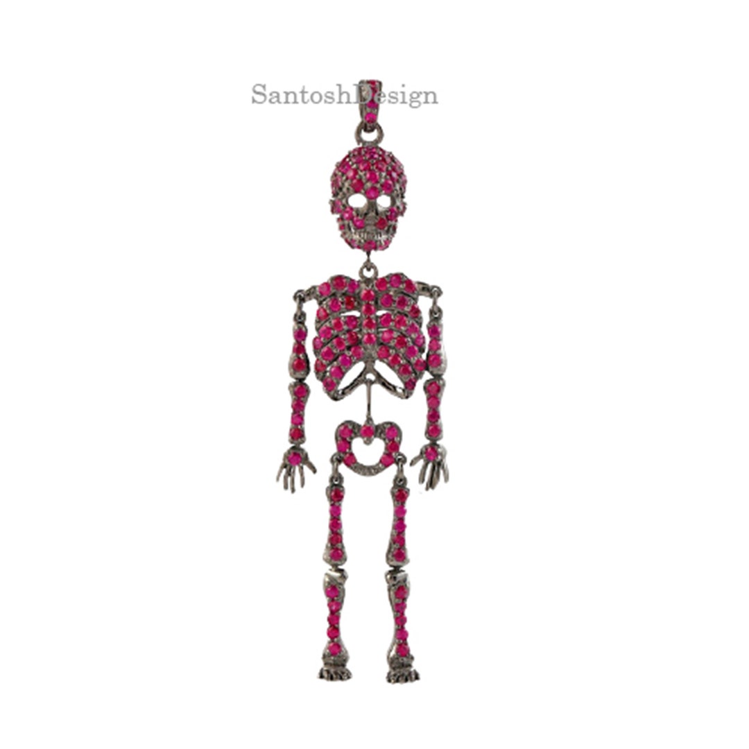 Sterling Silver Skeleton Pendant, Natural Ruby Charm, Handmade Jewelry ...