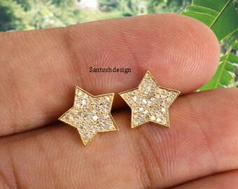 14k Solid Gold Star Diamond Studs, Handmade Earrings (8mm)