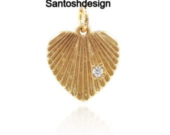 14k/18k Solid Gold Fluted Heart Diamond Charm Pendant,Handmade Jewelry,Gift