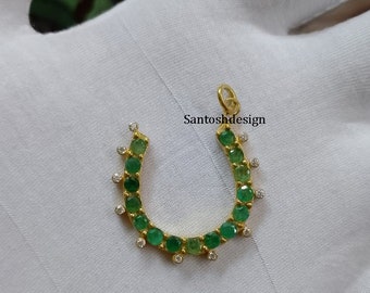 Silver & 14k Solid Gold Horseshoe Emerald Blue Sapphire Diamond Charm Pendant,Beautiful Horseshoe Gemstone Handmade Pendant Jewelry