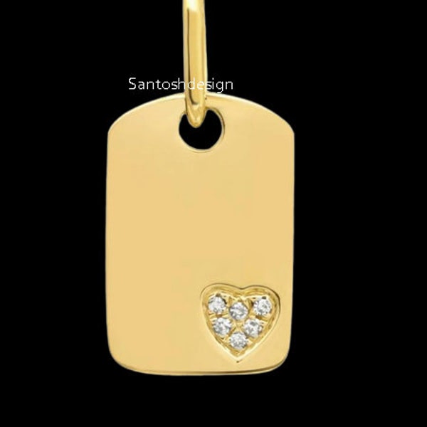 14k Solid Gold Dog Tag Heart Diamond Charm Pendant,Desginer Dog Tag Heart Diamond  Gold Charm Pendant,Handmade Pendant Jewelry,Gift
