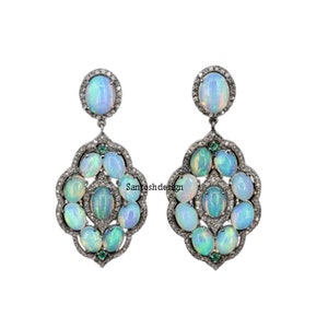925 Sterling Silver Opal Pave Diamond Charm Earring,Beautiful Designer Silver Opal Diamond Earring,Handmade Earring Jewelry,Gift