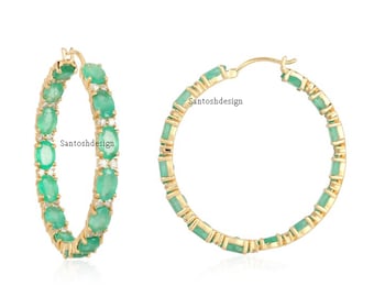 Emerald Pave Diamond Hoop Earrings, 925 Sterling Silver, Handmade Jewelry