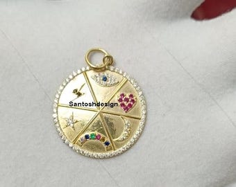14k/18k Solid Gold Lucky Disc Pendant, Diamond Sapphire Charm