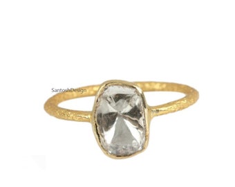 925 Sterling Silver Uneven Hammered Flat Polki Diamond Ring,Designer Polki Diamond Ring,Handmade ring Jewelry,