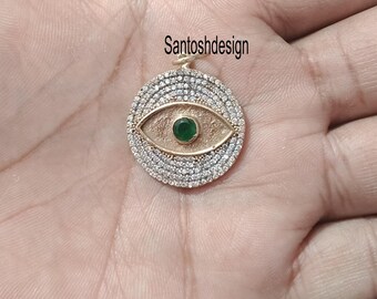 Disc Evil Eye Emerald Diamond 925 Sterling Silver Charm Pendant,Handmade Jewelry,Gift