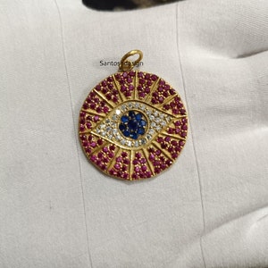 14k Solid Gold Disc Evil Eye Pink Sapphire Diamond Blue Sapphire Charm Pendant,Beautiful Evil Eye Sapphire Diamond Gold Pendant Jeweley,Gift