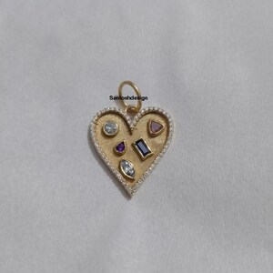 14k Solid Gold Heart Multi Sapphire Diamond Charm Pendant,Beautiful Heart Diamond Sapphire 14k Solid Gold Charm,Handmade Pendant Jewelry