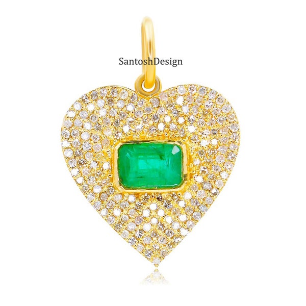 14k Solid Gold Heart Emerald Diamond Charm Pendant,Beautiful Heart Emerald Diamond 14k Gold Charm,handmade Pendant Jewelry,Gift