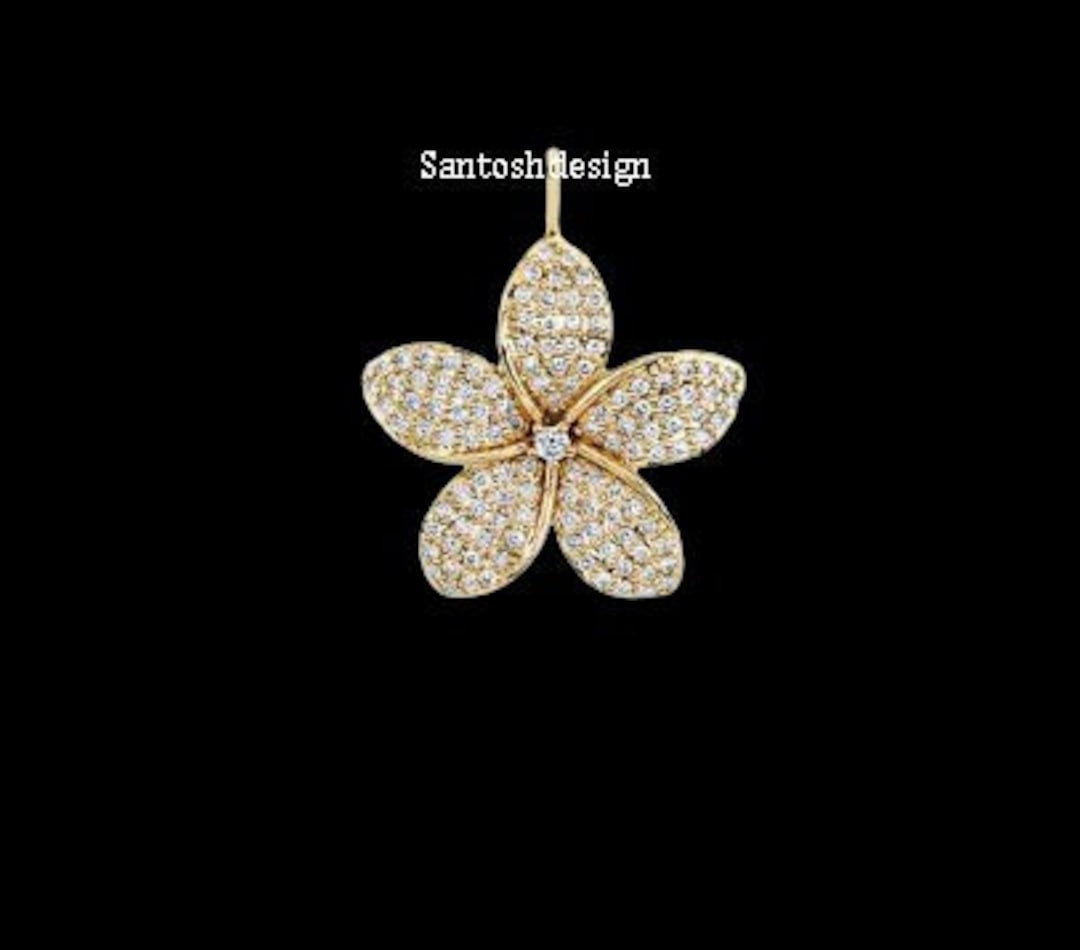 14k Solid Gold Diamond Plumeria Flower Charm Pendant,beautiful Designer